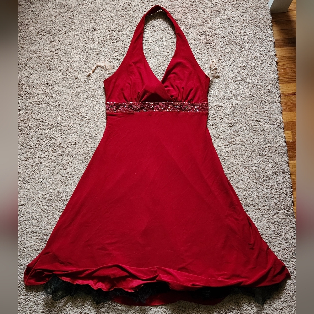 y2k whimsigoth fairy red halter beaded dress fairy flirty formal prom sexy large - Picture 2 of 8